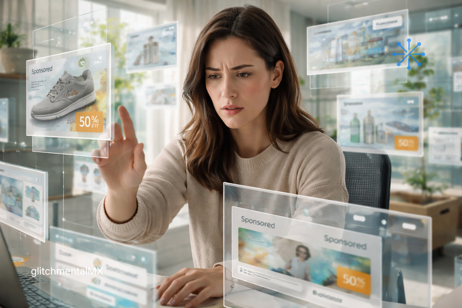 Google anuncios Gemini: interfaz con paneles flotantes de productos patrocinados rodeando a usuaria interactuando con IA