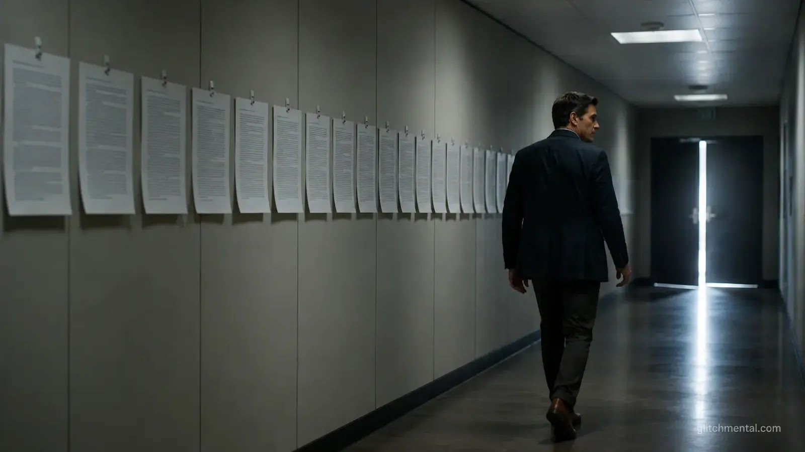 Google Pentágono empleados: hombre caminando por pasillo institucional con hojas fijadas en pared y puerta entreabierta al fondo