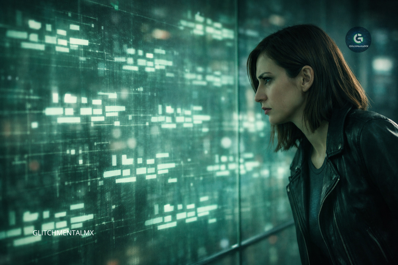 Cultura digital datos: mujer analiza pantalla con matriz de datos luminosos en verde