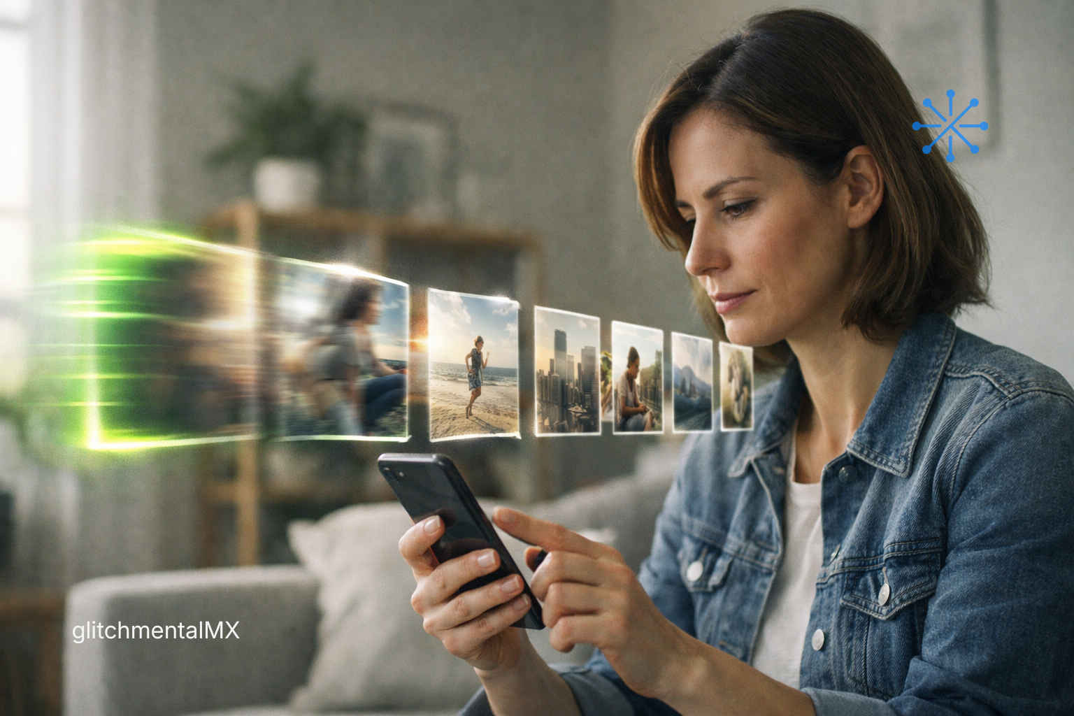 Grok genera videos de 30 segundos: secuencia de clips visuales emergiendo de smartphone durante uso de la app