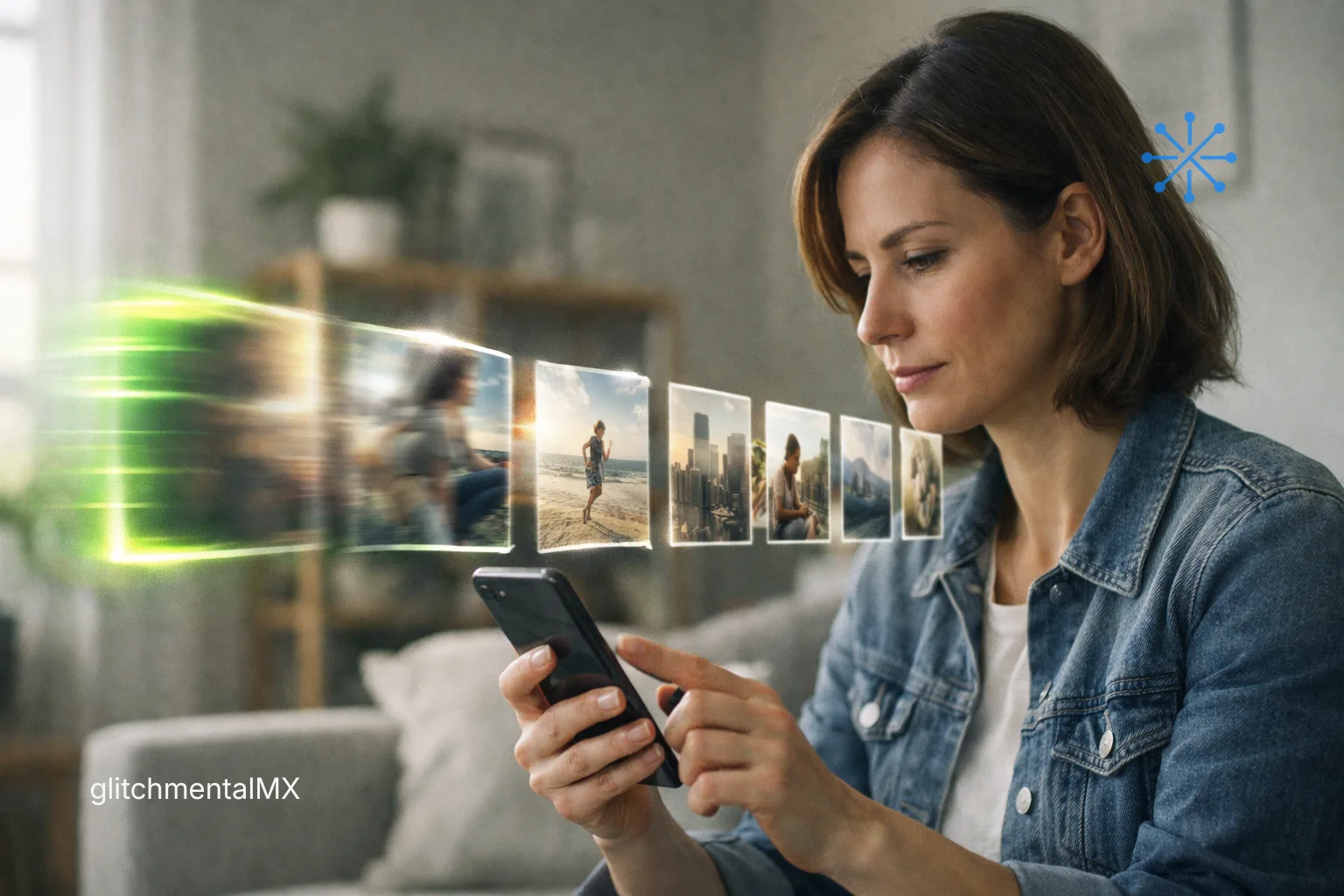 Grok genera videos de 30 segundos: secuencia de clips visuales emergiendo de smartphone durante uso de la app