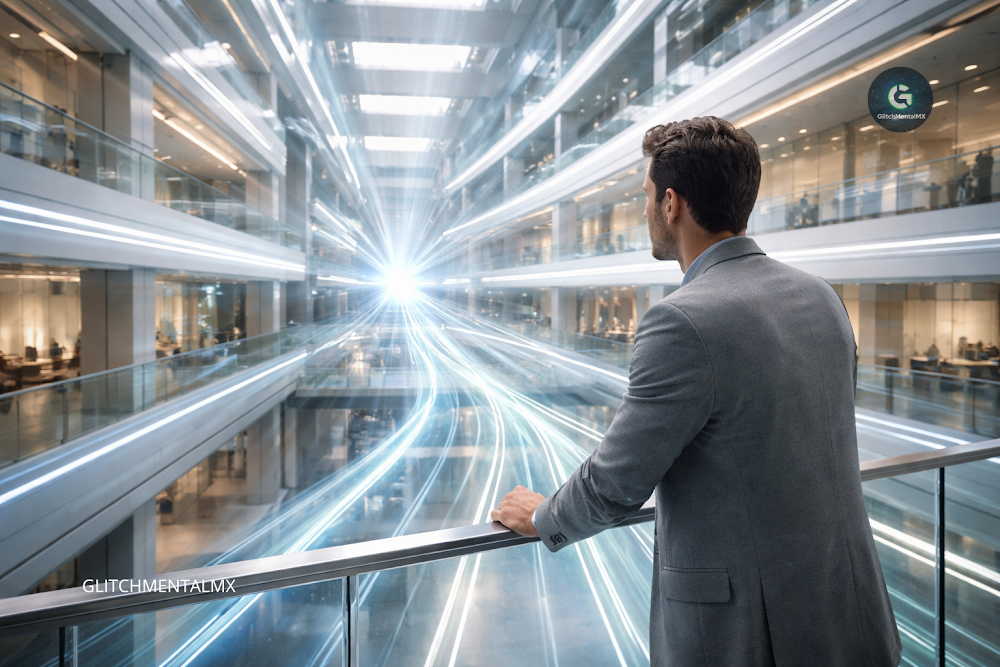 GTC 2026: ejecutivo observa flujos de datos converger en atrio corporativo representando infraestructura de IA
