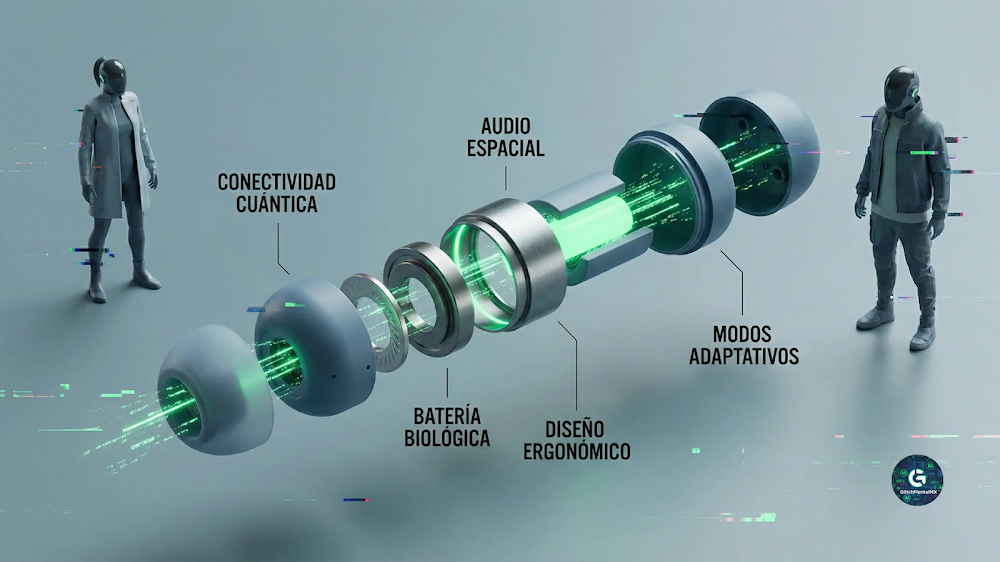 Audífonos inalámbricos 2026: diagrama interno con audio espacial, batería biológica y modos adaptativos en diseño futurista