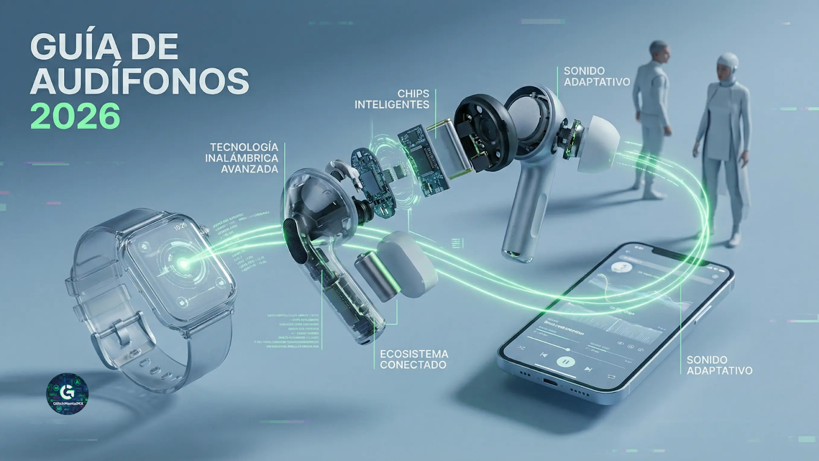 Audífonos inalámbricos 2026: vista explotada con chips inteligentes, sonido adaptativo y ecosistema conectado