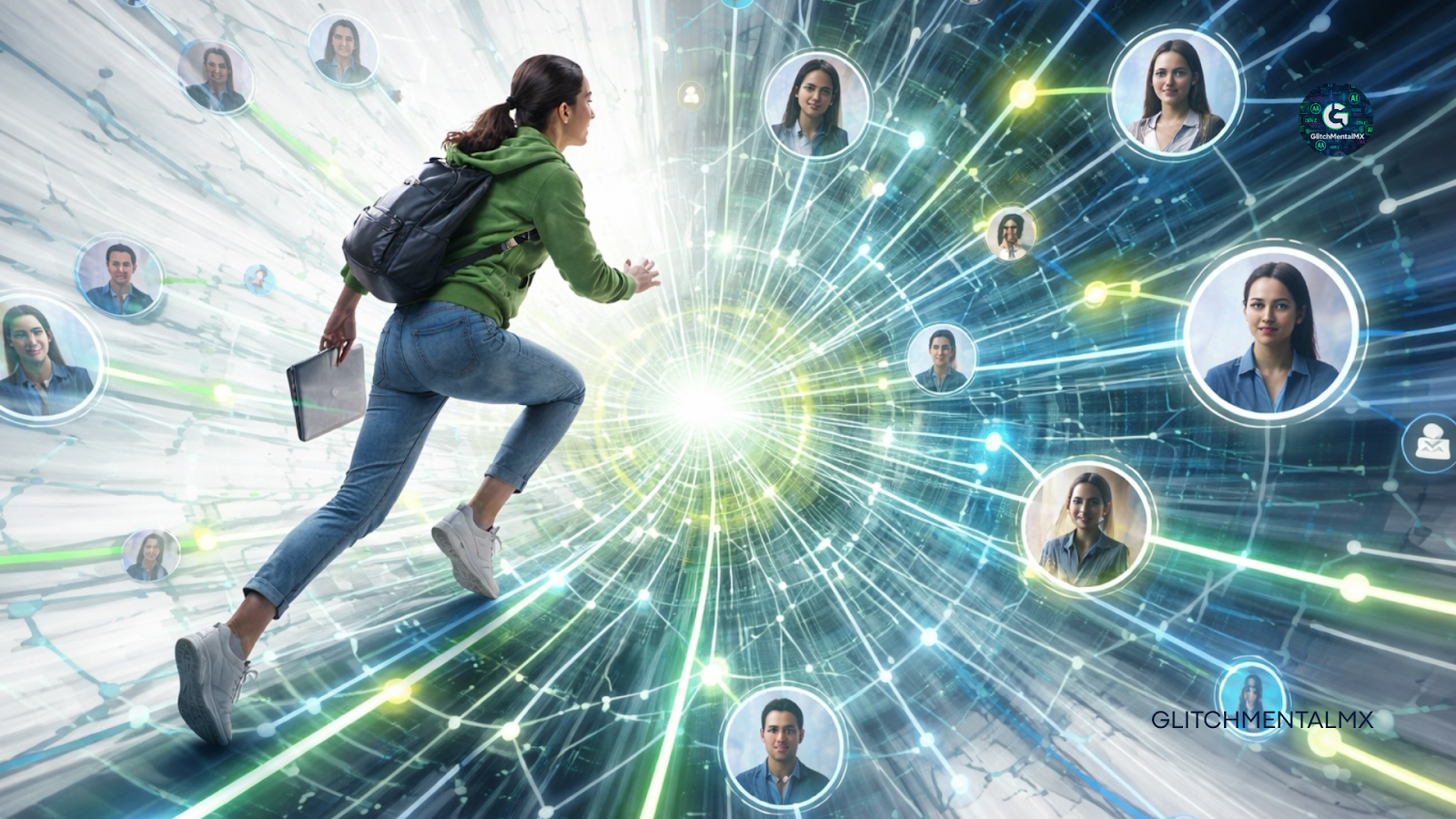 Guía definitiva de LinkedIn 2026: joven ascendiendo red profesional con nodos y explosión radial direccional algorítmica