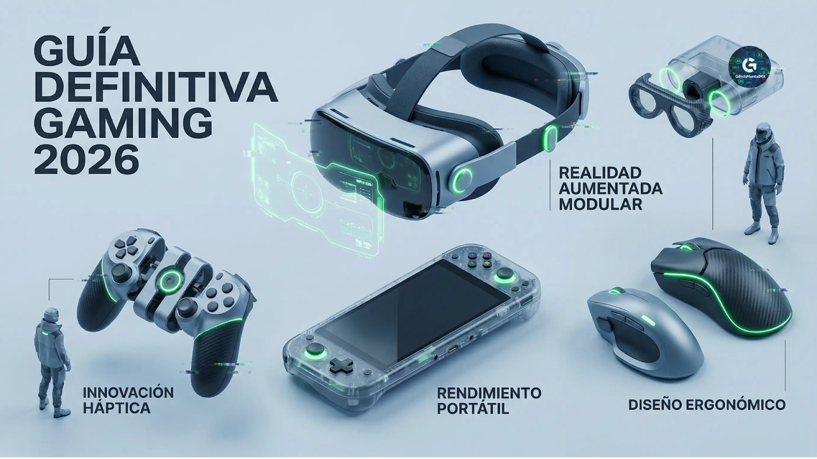 Gadgets para gaming 2026: set de realidad aumentada, consola portátil y periféricos con iluminación neón.