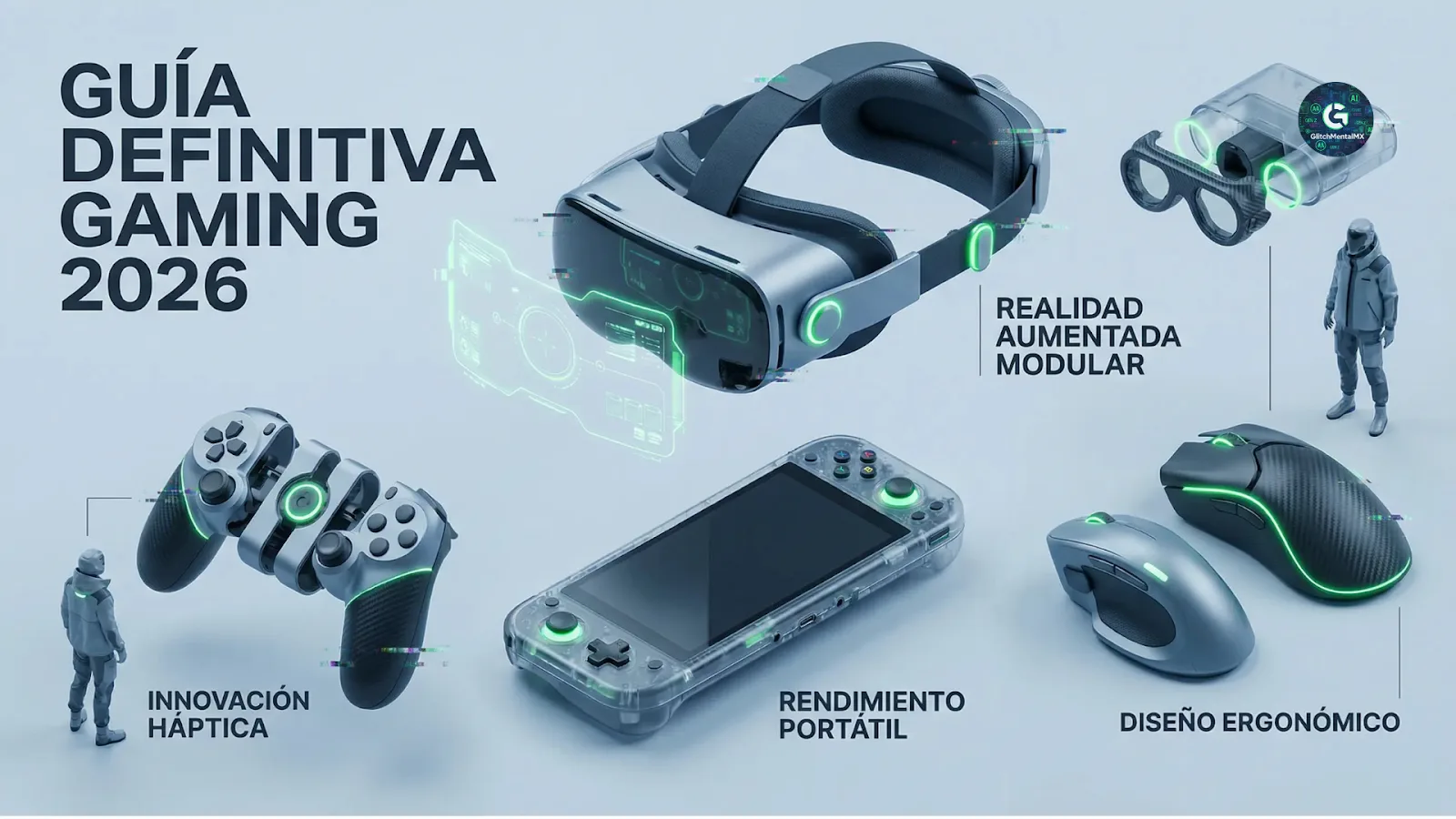Gadgets para gaming 2026: set de realidad aumentada, consola portátil y periféricos con iluminación neón.