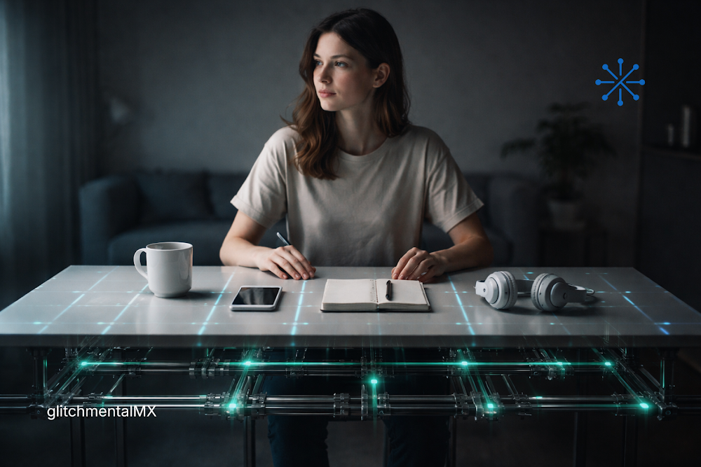 Hábitos invisibles: mujer en escritorio con infraestructura digital visible bajo la superficie de trabajo