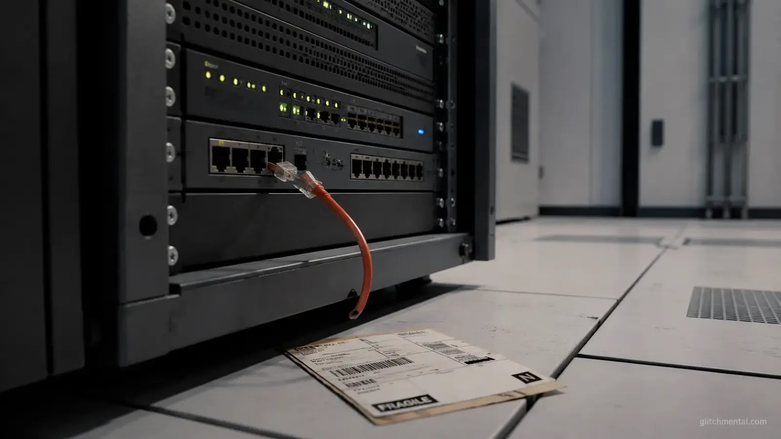 Hackers Corea del Norte Axios: cable desconectado en panel de rack operativo, etiqueta de paquete en el suelo junto al servidor