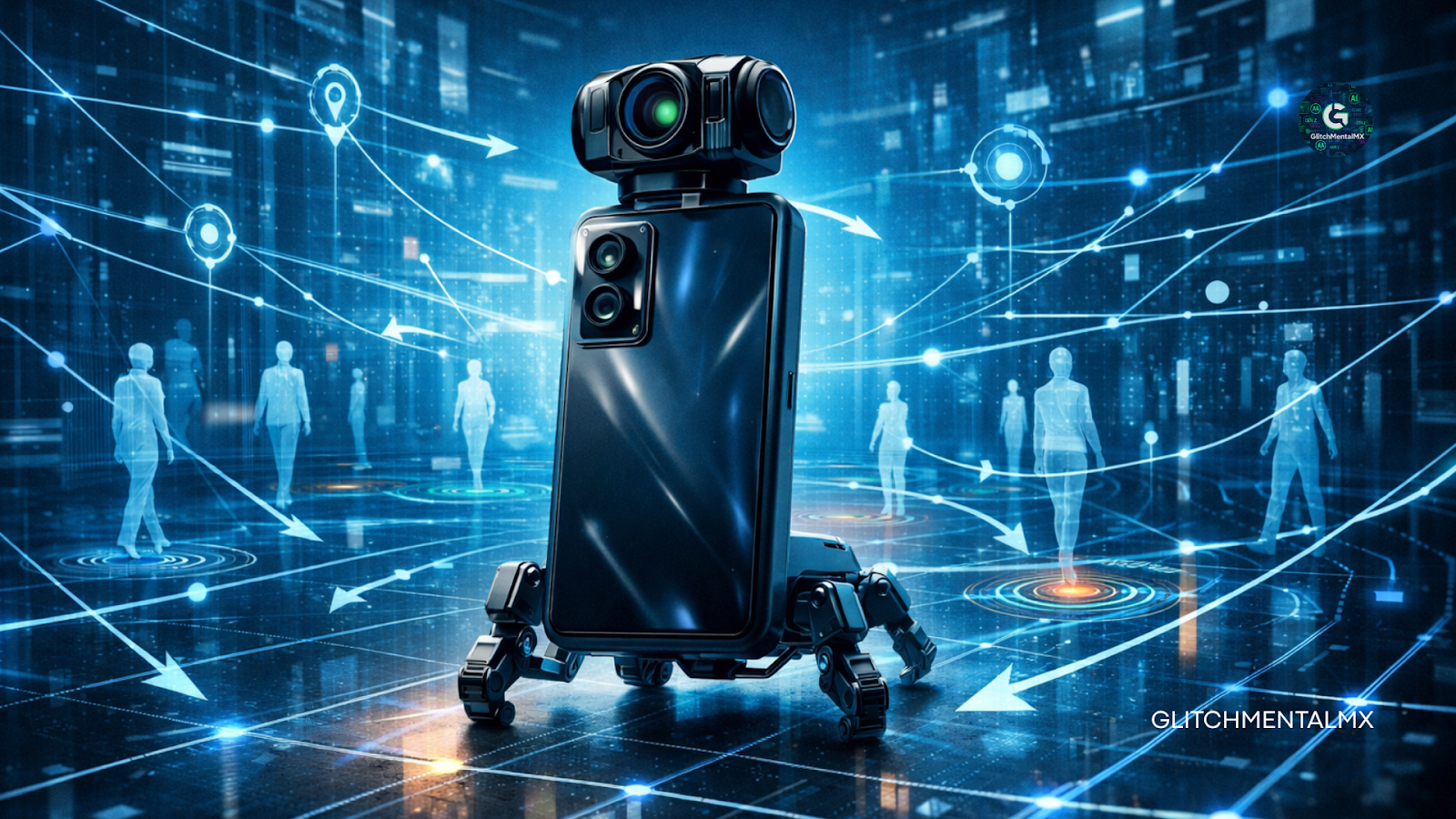 HONOR Robot Phone: smartphone con cámara robótica y patas mecánicas en entorno de seguimiento de personas