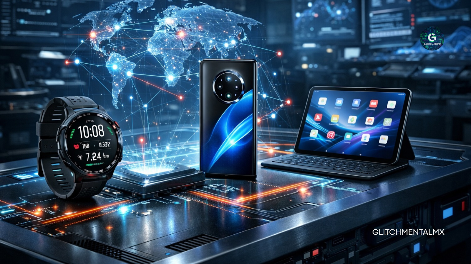 Huawei vuelve con todo: Watch GT Runner 2 y gadgets conectados sobre mesa con mapa global digital