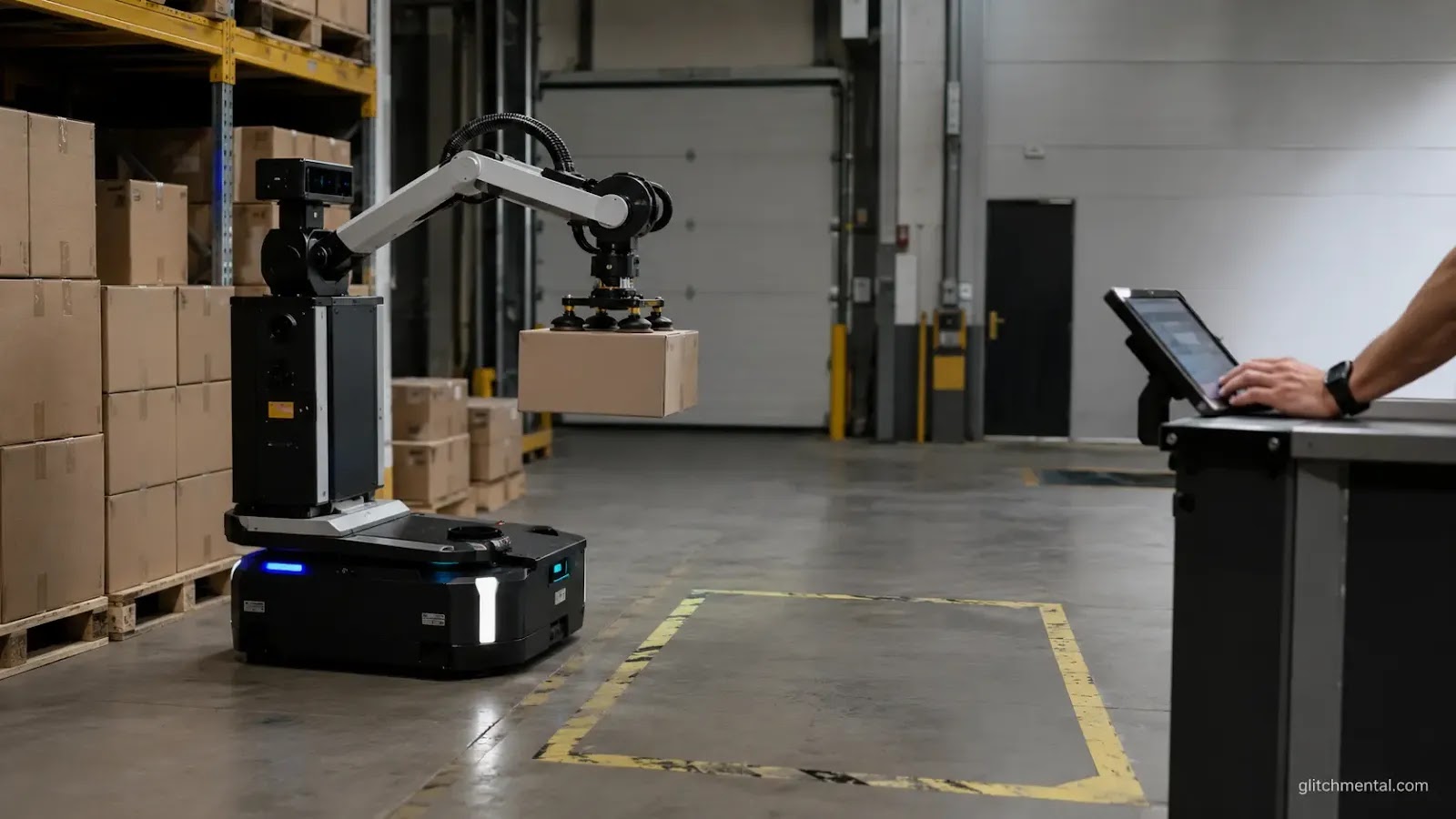 Hyundai robots IA CES 2026: robot logístico levanta caja junto a estación de trabajo humana vacía