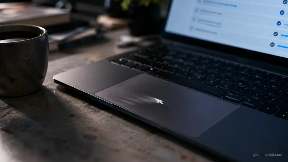 IA agéntica 2026: teclado y trackpad con tarea completada en pantalla y taza de café sin tocar sobre el escritorio