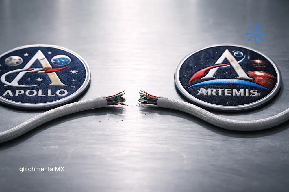 IA autónoma en espacio profundo: cable cortado entre parches Apollo y Artemis simbolizando desconexión con Houston