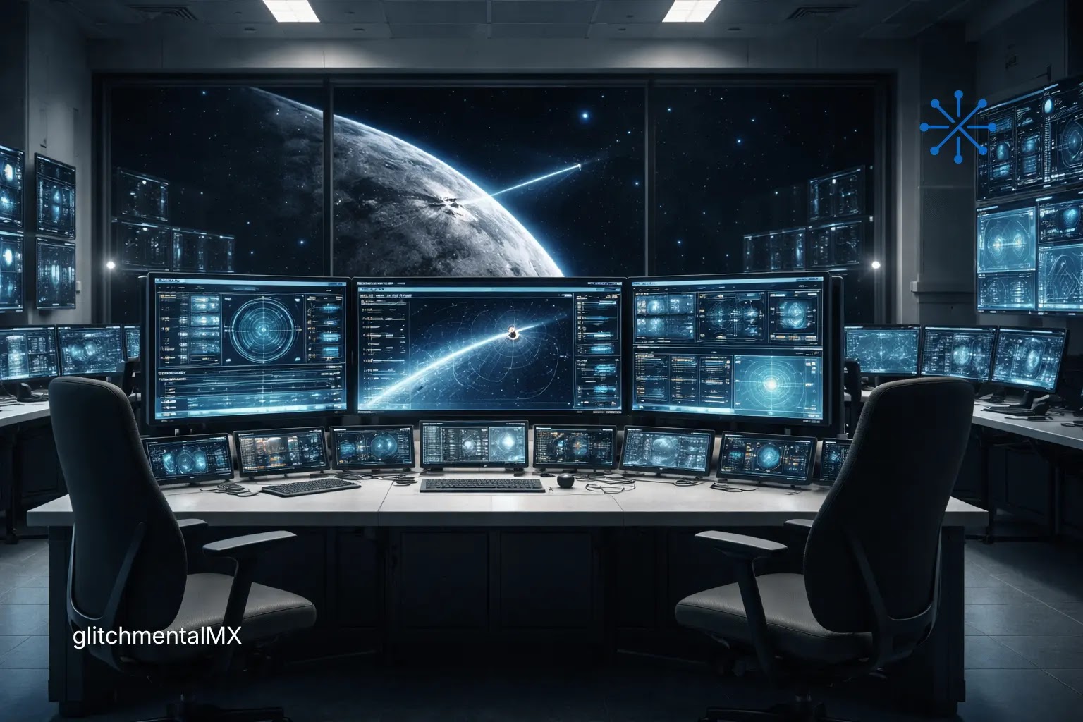 IA autónoma en espacio profundo: centro de control frente a la Luna con múltiples pantallas de trayectoria sin operadores