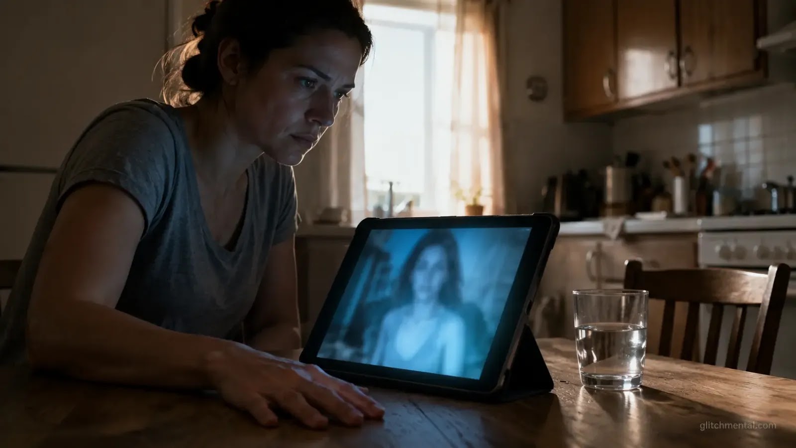 Deepfakes menores: mujer frente a tablet con luz fría en cocina doméstica, expresión de reconocimiento interrumpido