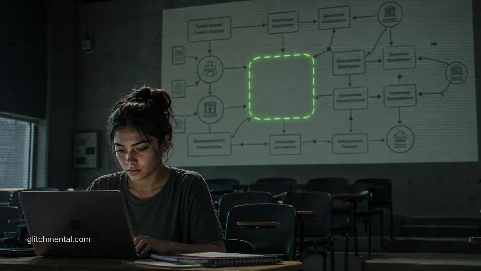 IA en las aulas de LATAM: estudiante usa laptop frente a diagrama de IA proyectado en aula