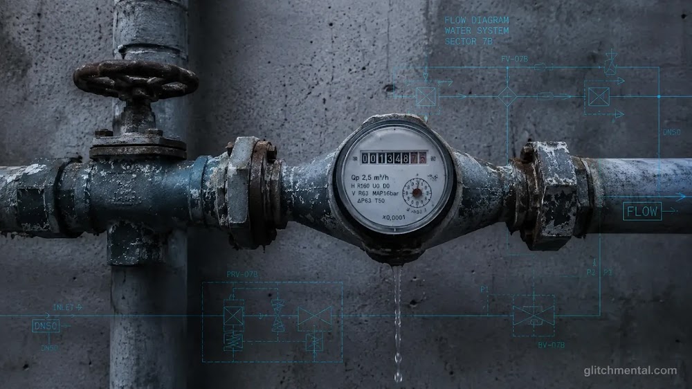 Válvula industrial oxidada con goteo residual, símbolo técnico del consumo de agua en centros de datos mexicanos