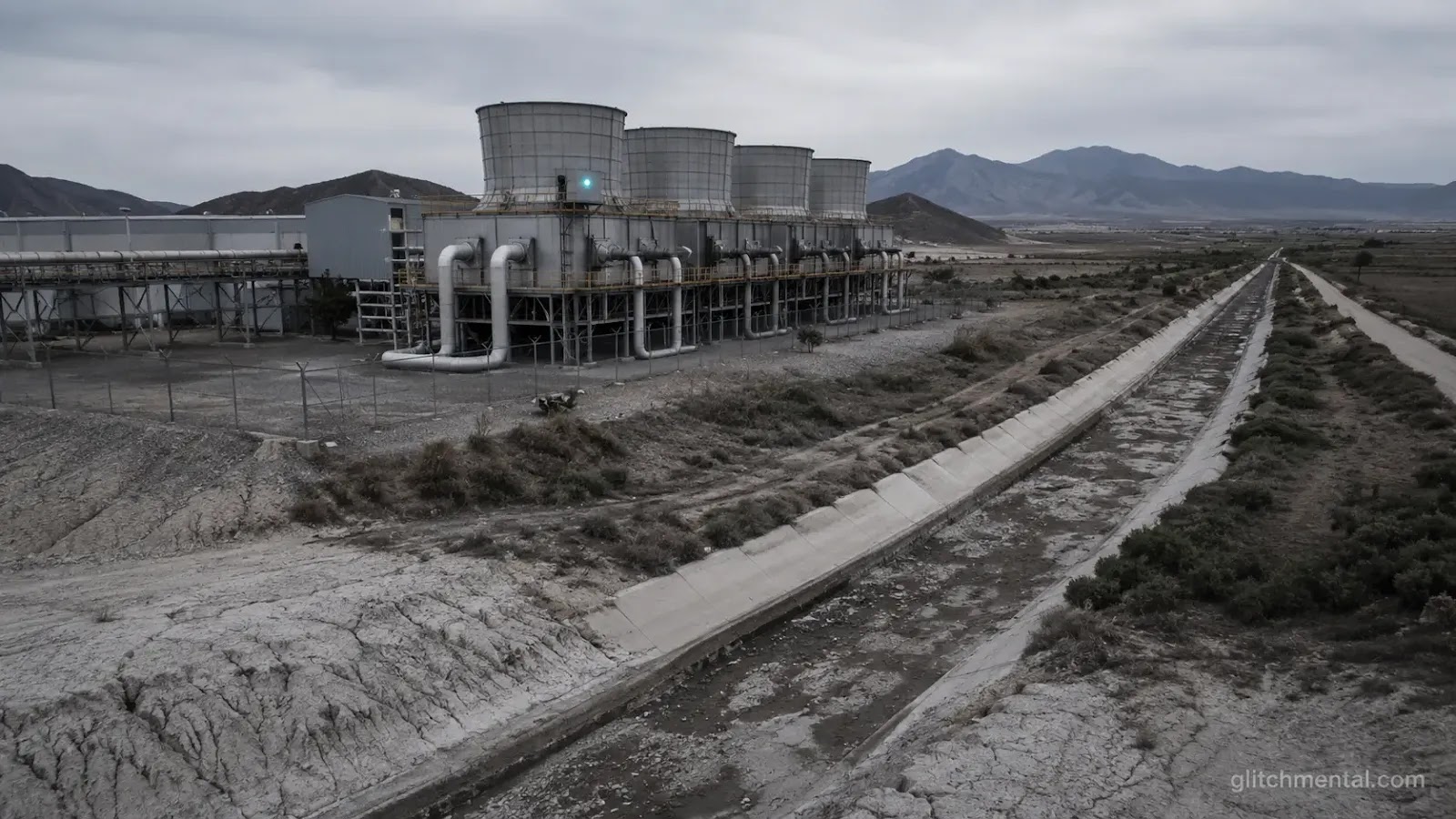 Torres de enfriamiento de un centro de datos junto a un canal de riego seco en Querétaro, evidencia del estrés hídrico de la infraestructura de IA