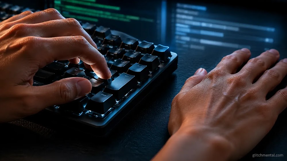 IA open source vs propietaria: mano activa sobre teclado y mano detenida sobre superficie oscura con luz de pantalla