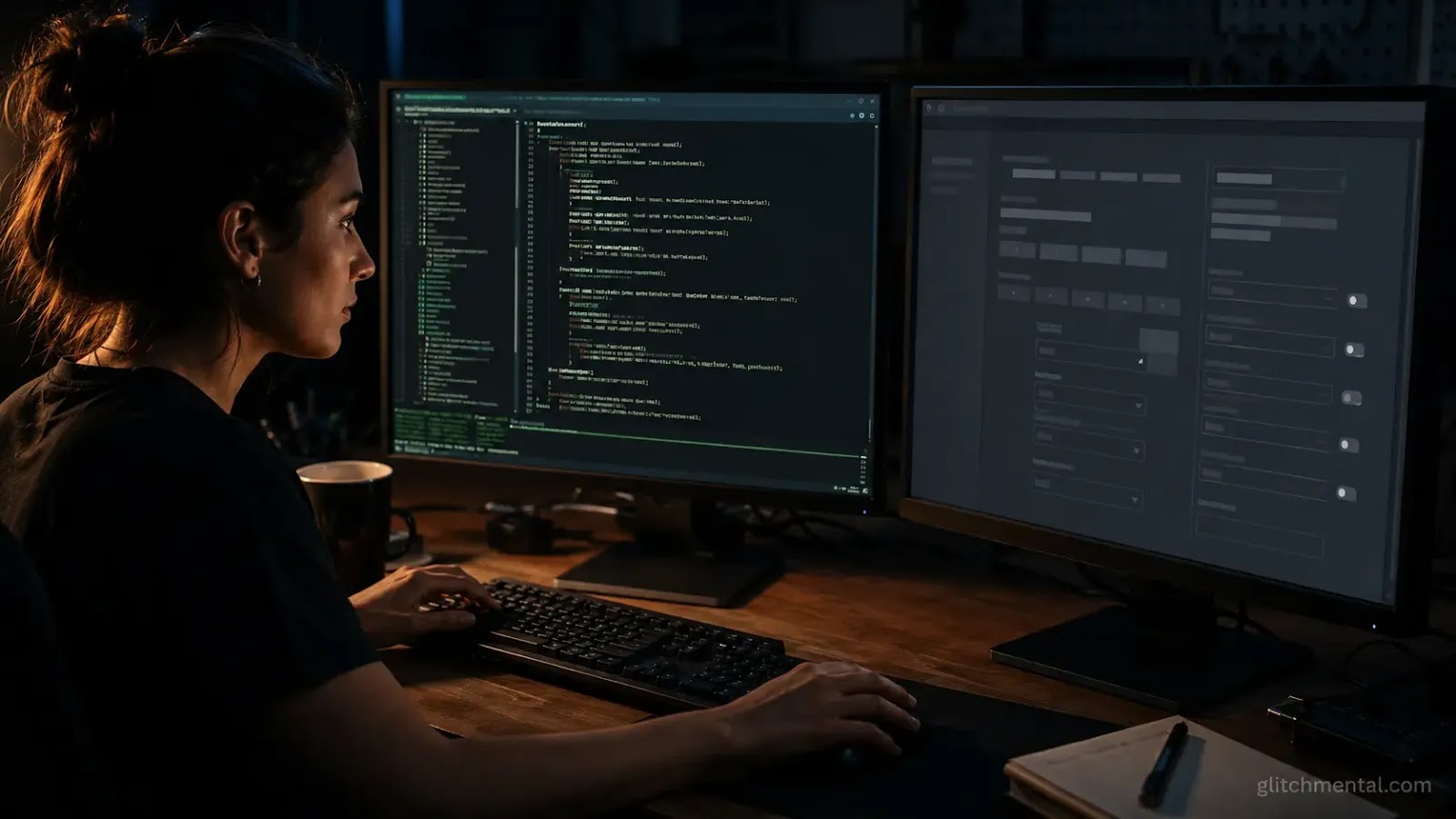 IA open source vs propietaria: mujer ante dos monitores con terminal activa y panel bloqueado en espacio técnico con luz de pantalla