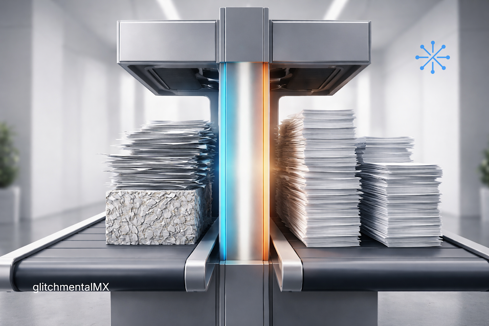 IA que sustituye vs IA que amplifica: máquina separa pilas de papel en dos flujos opuestos