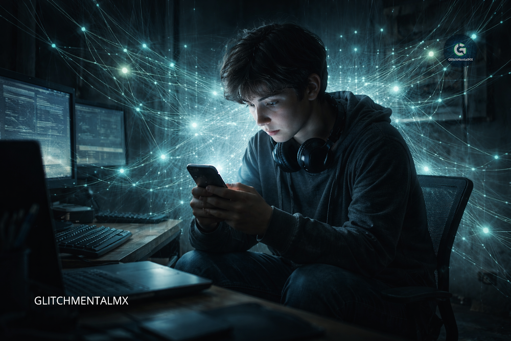 chatbots IA salud mental adolescentes 2026: joven sentado en habitación oscura rodeado de burbujas de chat de chatbot