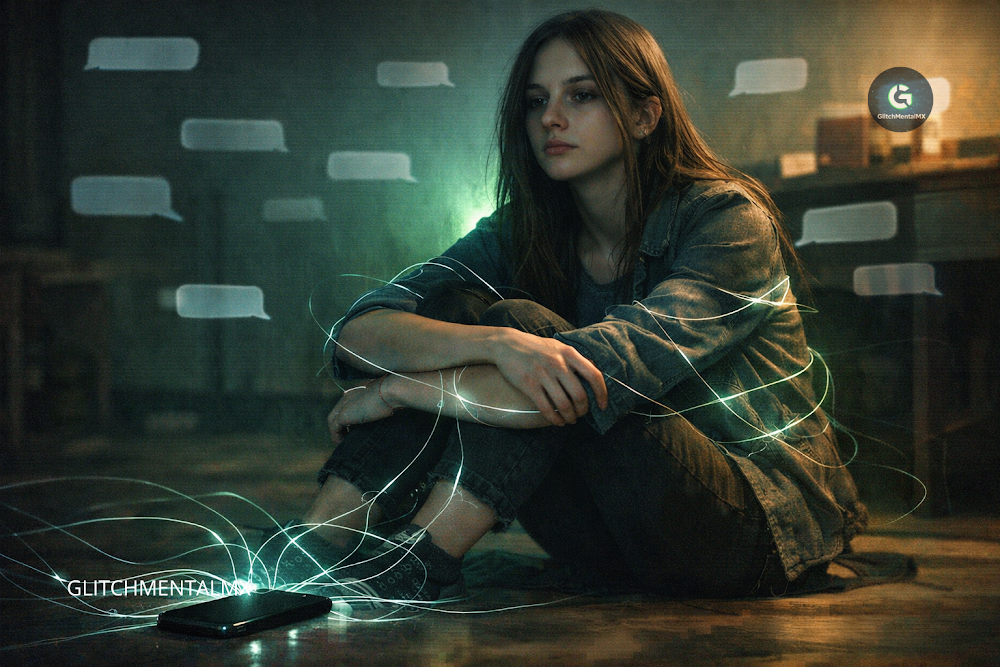 chatbots IA salud mental adolescentes 2026: adolescente sentada en el suelo rodeada de burbujas de chat simulando conversación con IA