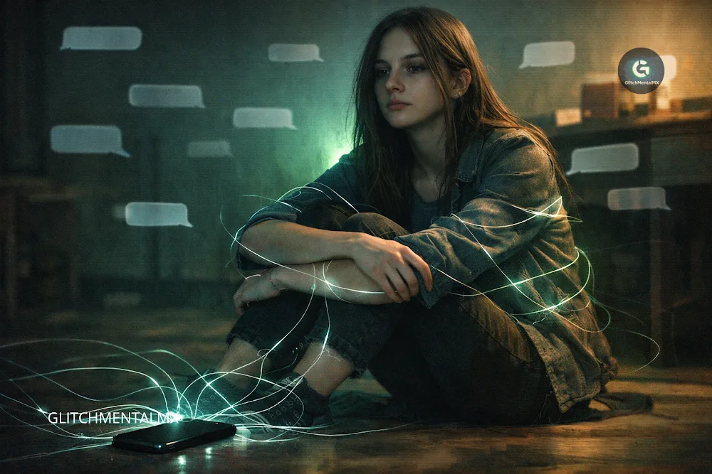 chatbots IA salud mental adolescentes 2026: adolescente sentada en el suelo rodeada de burbujas de chat simulando conversación con IA