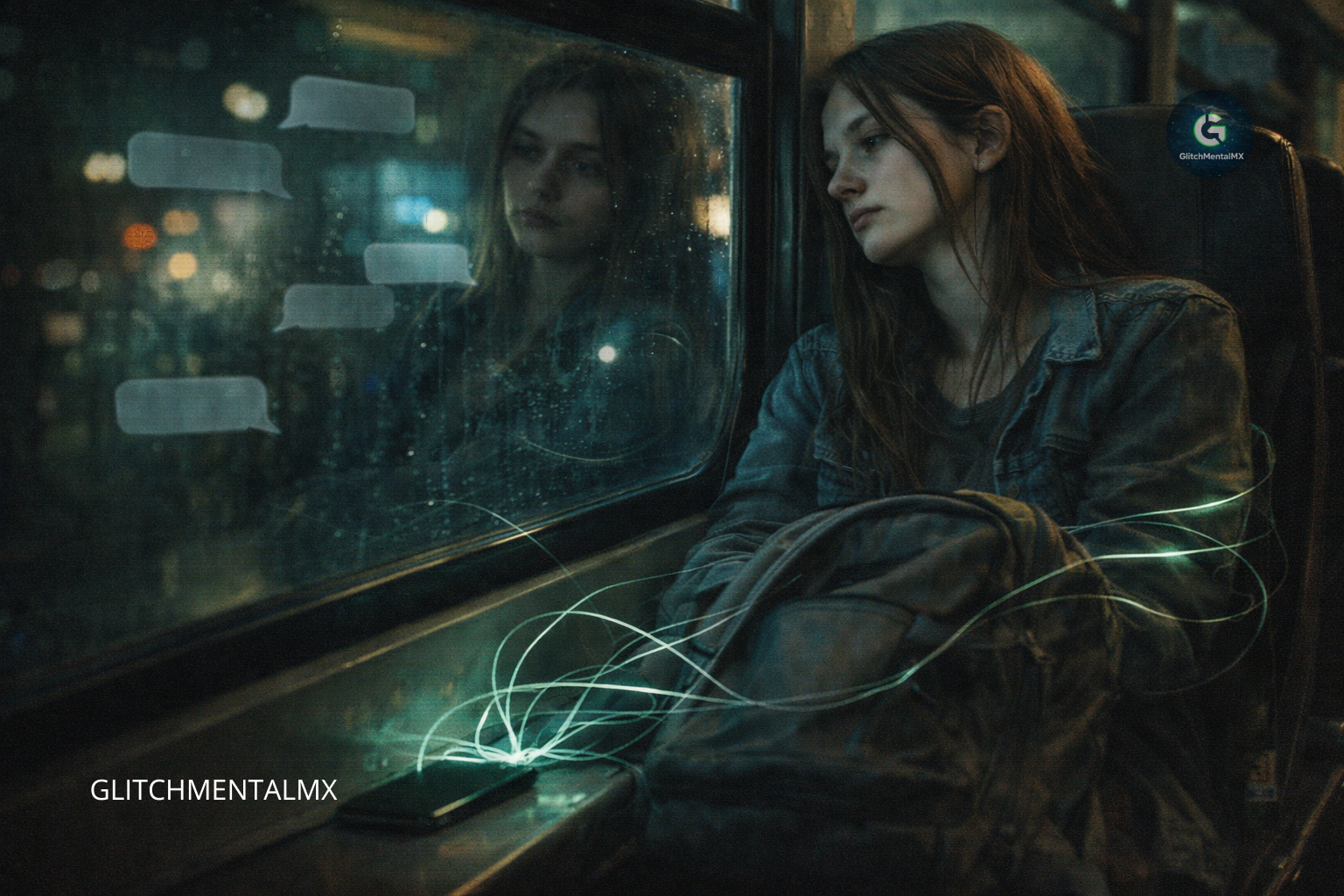 chatbots IA salud mental adolescentes 2026: adolescente mirando por ventana de autobús con burbujas de chat reflejadas en el vidrio