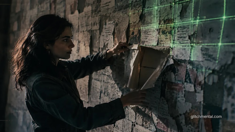 Identidad digital: mujer retirando carteles frente a muro con cuadrícula de seguimiento digital