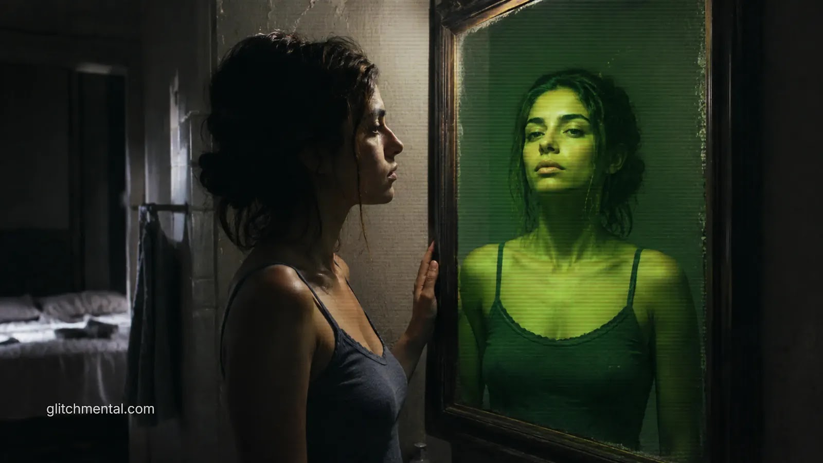Identidad digital: mujer observando reflejo digitalizado en espejo con interfaz verde