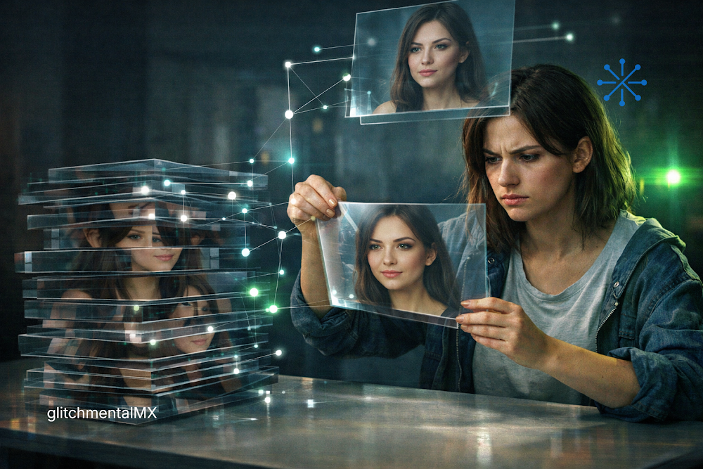 Identidad digital: mujer compara retratos múltiples en capas holográficas conectadas por red de datos