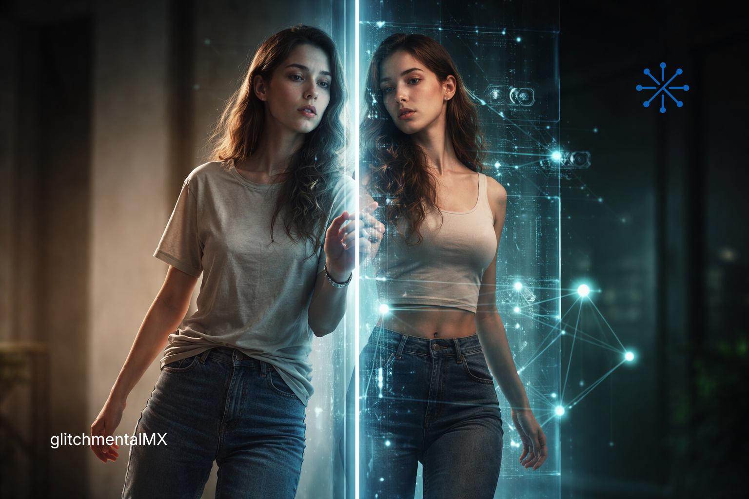 Identidad digital: mujer frente a reflejo digital dividido en interfaz holográfica con nodos de datos