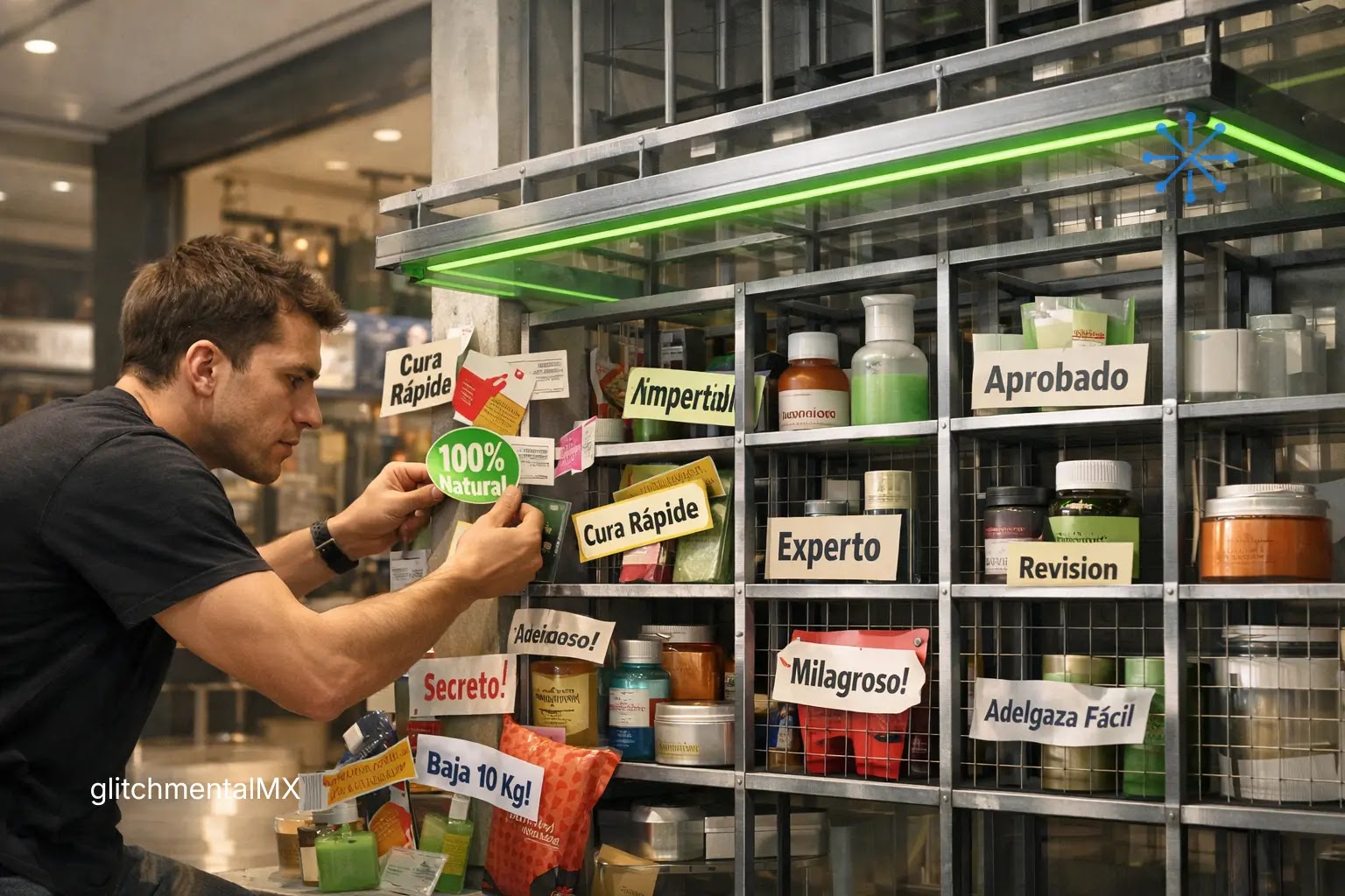 regulación influencers: hombre colocando etiquetas engañosas en productos de estantería tipo farmacia
