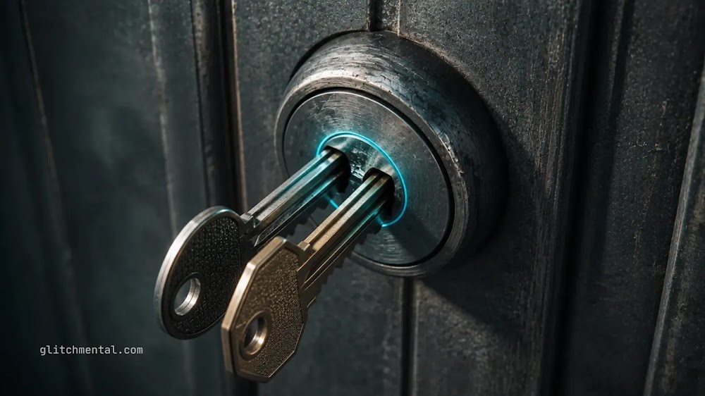 Instagram SEO en 2026: dos llaves paralelas insertadas en una cerradura con aro luminoso digital