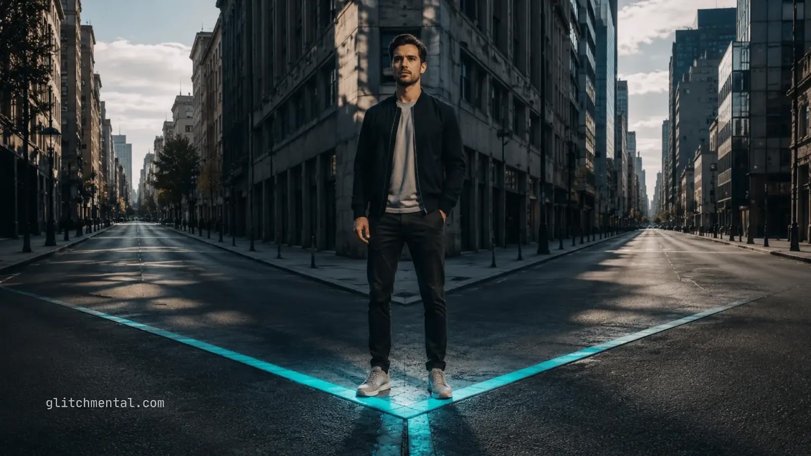 Instagram SEO en 2026: hombre en cruce urbano vacío sobre líneas luminosas que bifurcan rutas