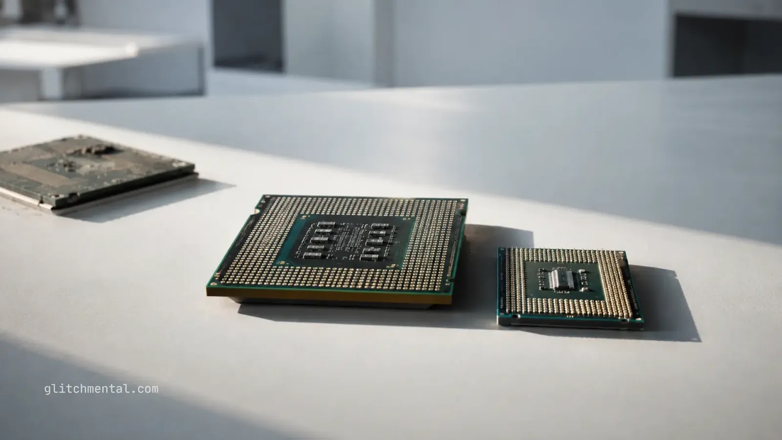 Intel Panther Lake: dos procesadores sobre mesa blanca comparados por tamaño y arquitectura