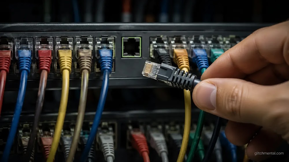 historia de internet poder: mano con conector RJ45 frente a puerto vacío en patch panel con cables ordenados