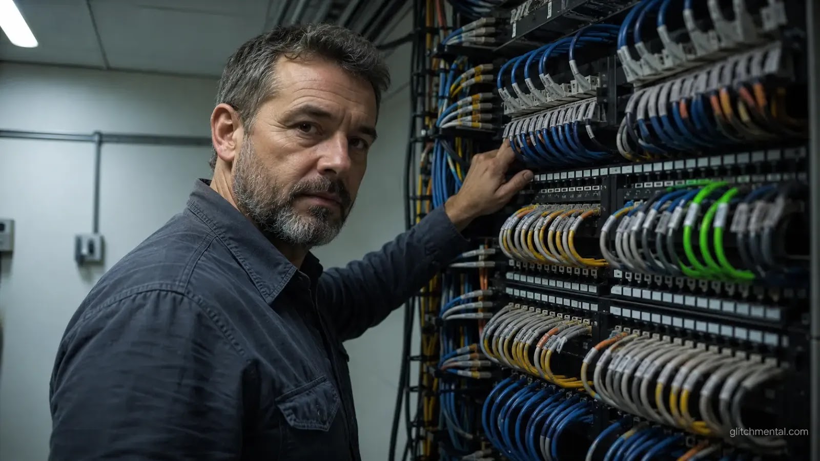 historia de internet poder: hombre frente a panel de cables de red en cuarto técnico con iluminación cenital y acento neón