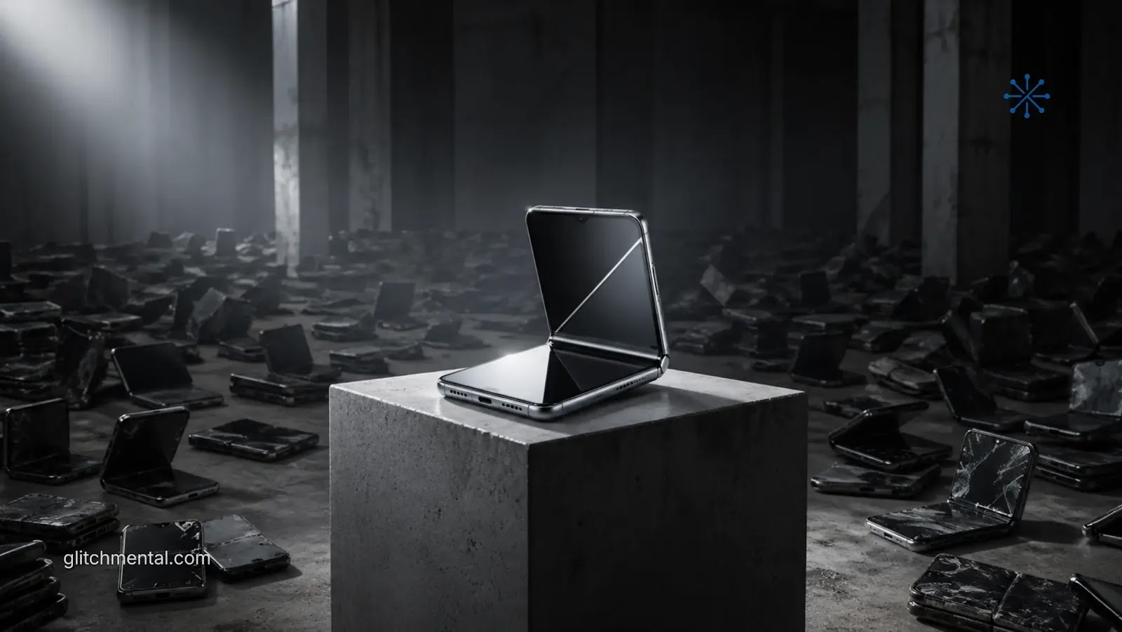 iPhone Fold Apple 2026: smartphone plegable en pedestal rodeado de dispositivos antiguos descartados