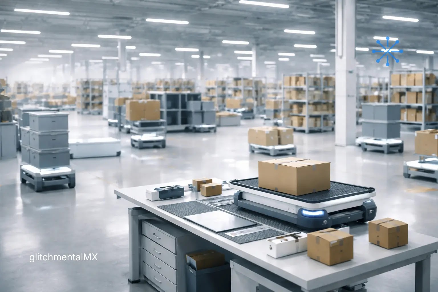 Japón y la IA física 2026: robots móviles autónomos operando en almacén logístico con paquetes