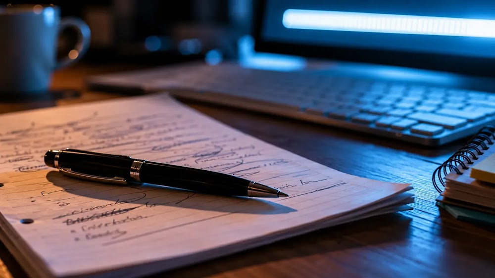 Automatización IA empleos: pluma sobre papel inconcluso en escritorio, luz fría de monitor entrando por el borde derecho