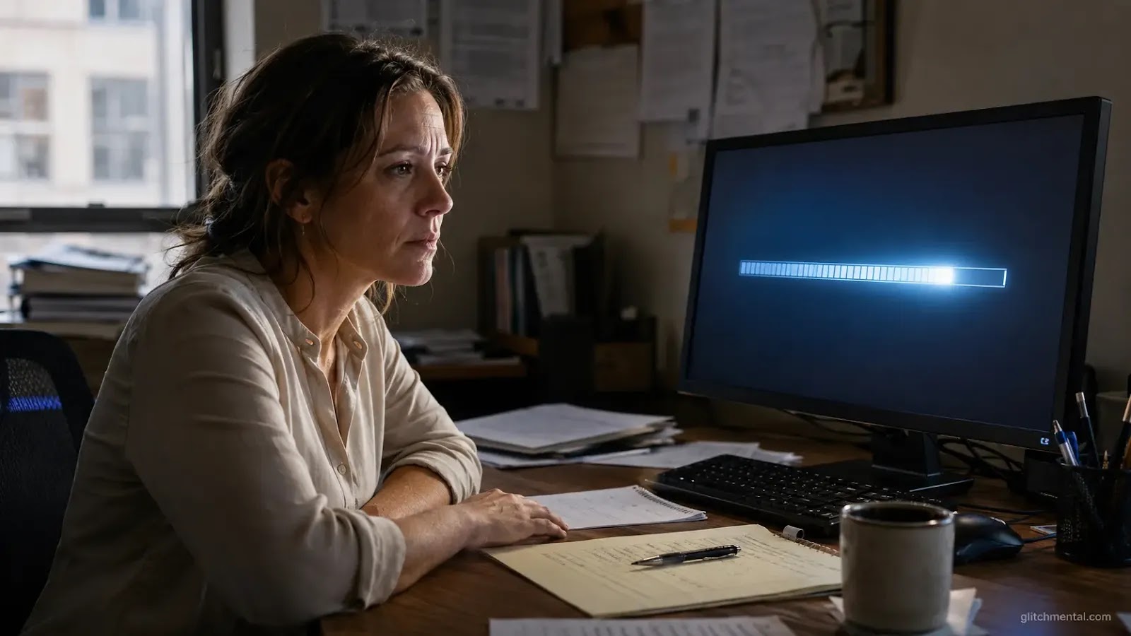 Automatización IA trabajos oficina: mujer frente a monitor con barra de progreso autónoma, manos quietas sobre escritorio