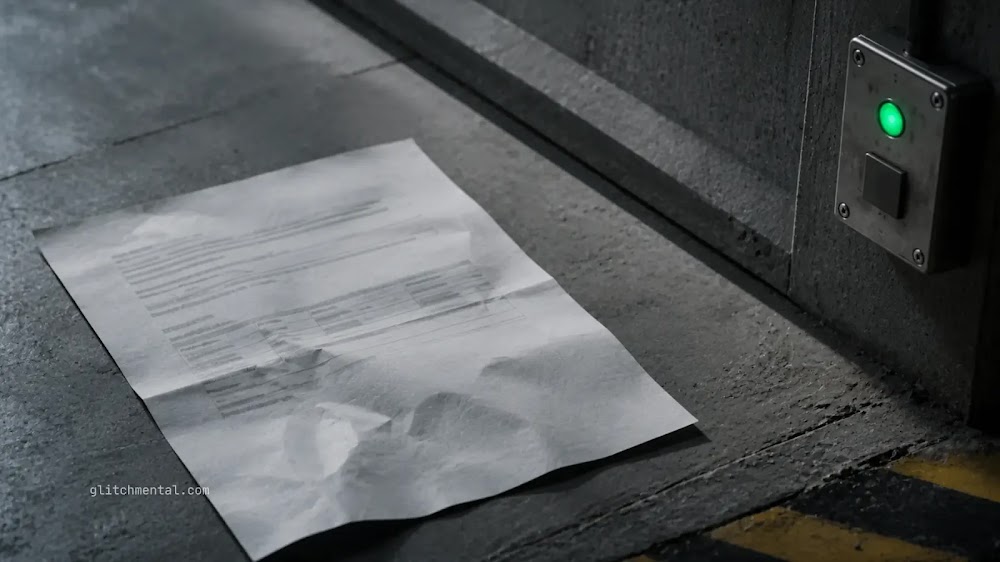 AI Boss: documento arrugado en el suelo junto a botón industrial que indica una decisión automatizada