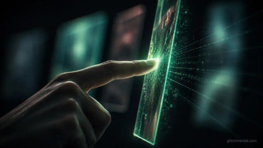 Algoritmo y elección: mano toca panel iluminado, resto de opciones desenfocadas al fondo