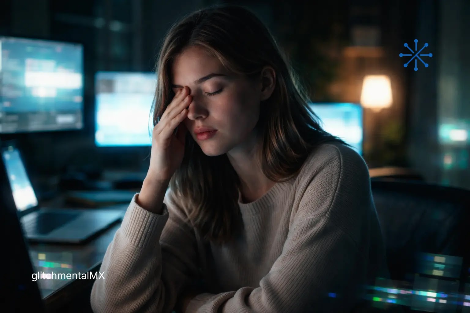 fatiga visual pantallas: mujer con ojos cerrados frente a monitores en entorno nocturno