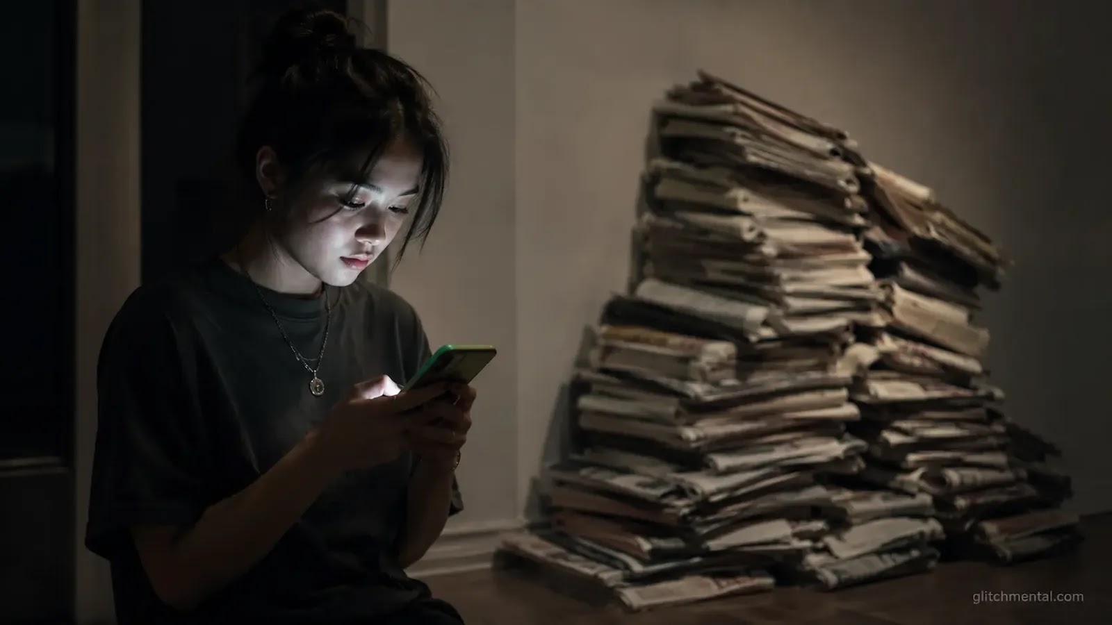 Gen Z y noticias: mujer joven leyendo smartphone, pila de periódicos en segundo plano fuera de foco