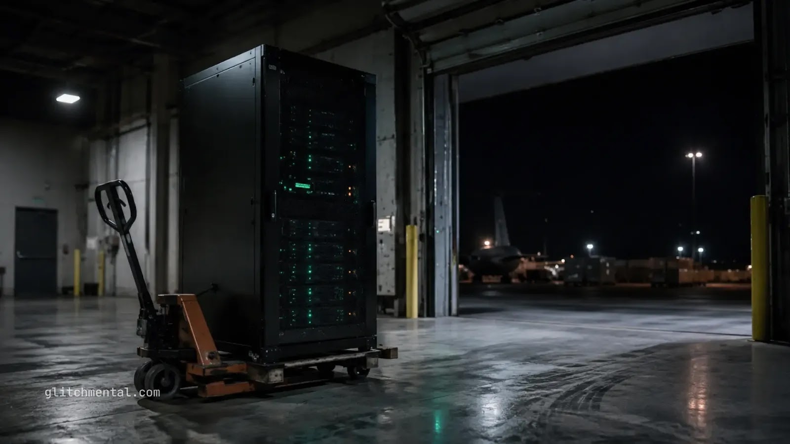 AI data centers: rack de servidores sobre transpaleta en muelle de carga junto a pista aére