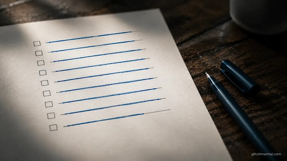 IA talento junior: checklist de tareas con todas las líneas tachadas en tinta fría, pluma sin usar sobre escritorio